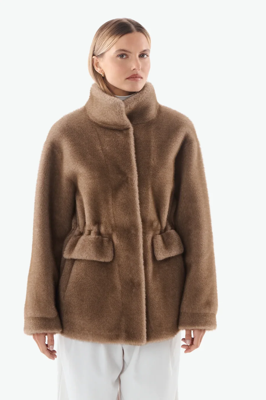 Faux fur coat Fiona with high collar and fitted cut, sable